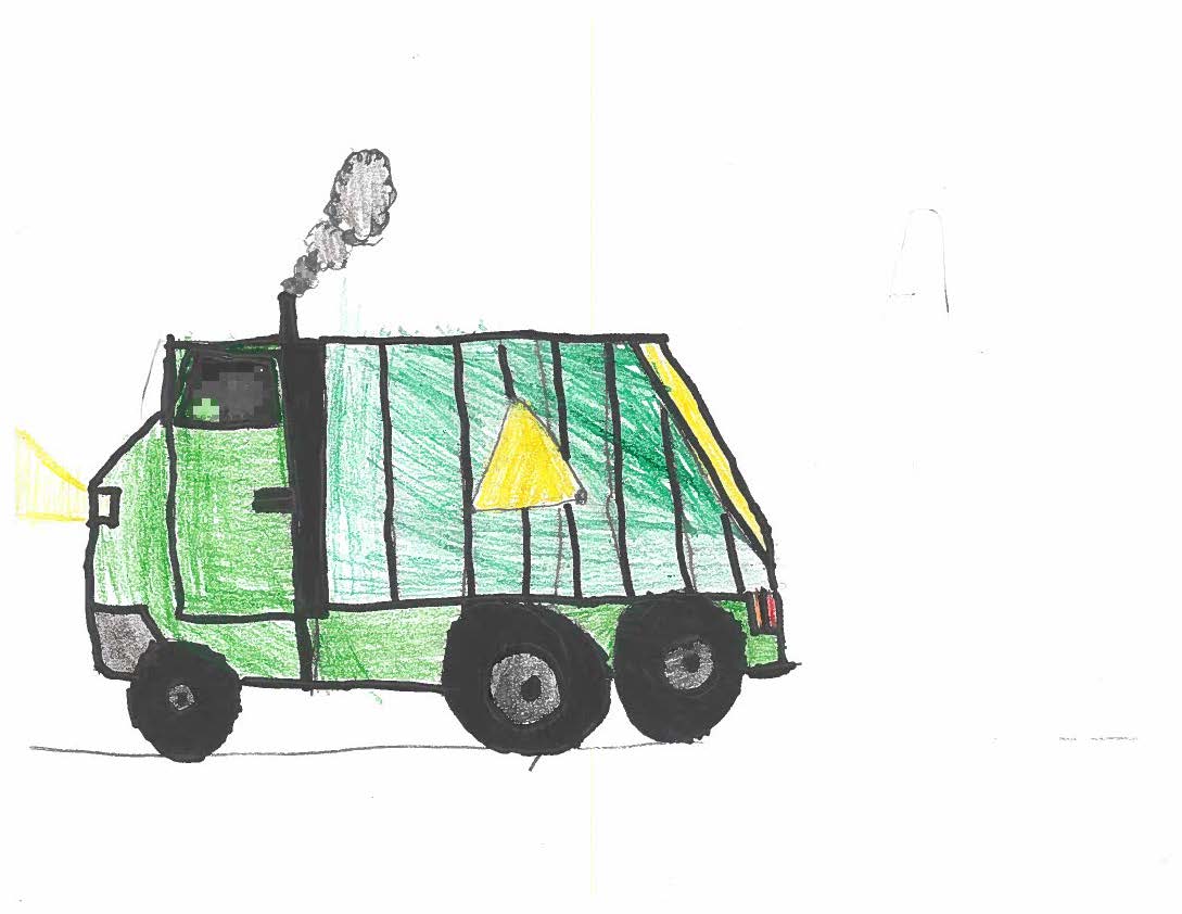Drawing of green trash truck